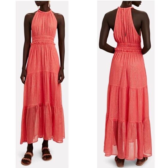 A.L.C. Elara Lurex Silk Maxi Coral Pink Dress Halter Tiered Size 2 - Picture 1 of 8